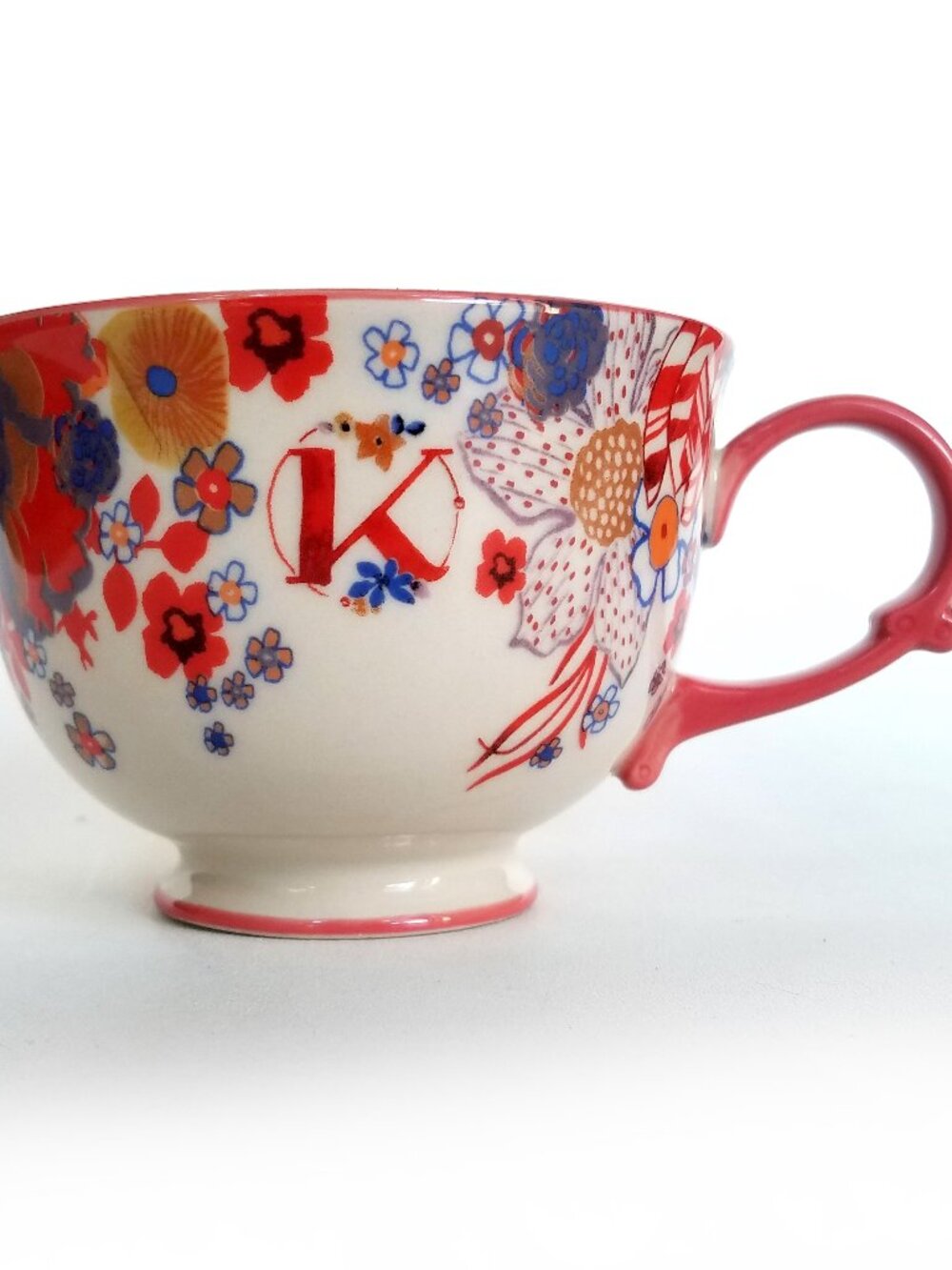 Anthropologie Teatime Monogram K Red Floral Pedestal Mug